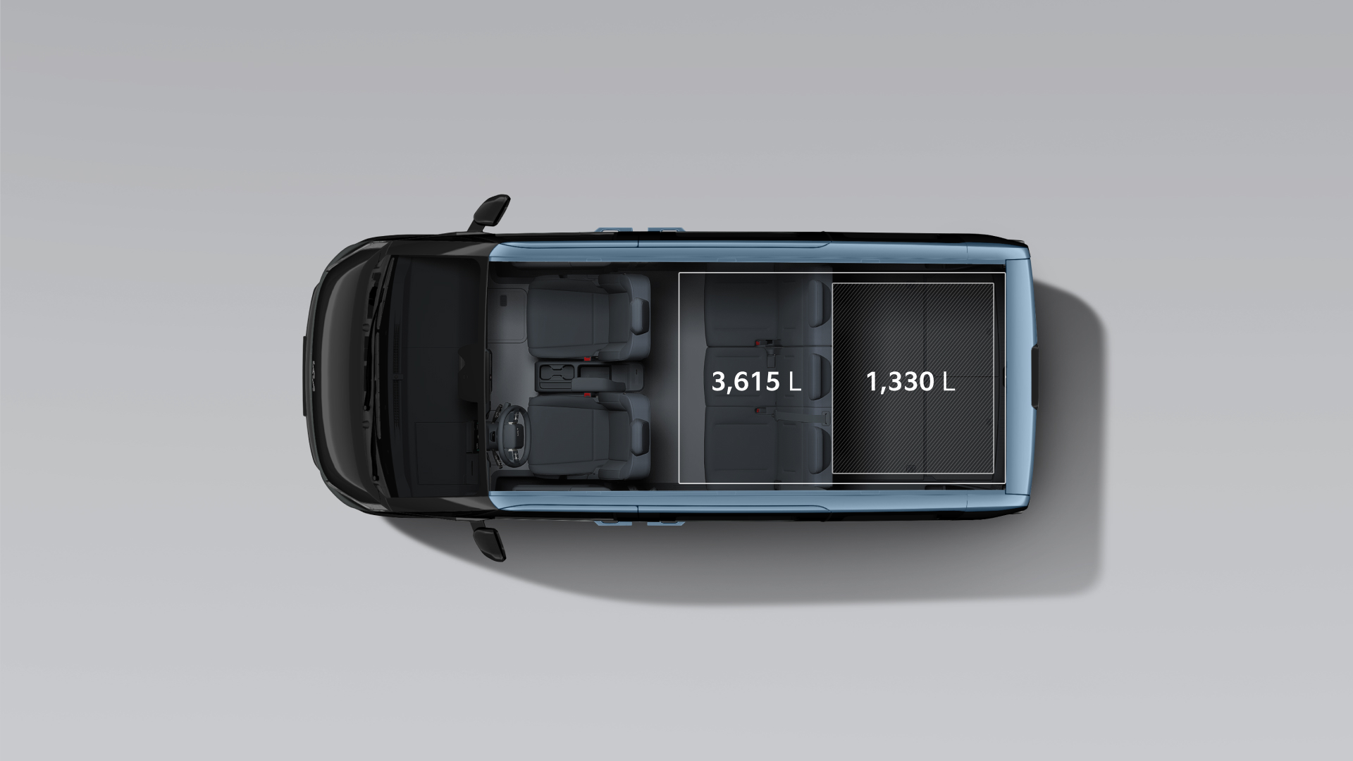 Top view of the Kia PV5 Passenger 5-seater with 1,330 L of cargo space, expanding to 3,615 L with the second row folded.