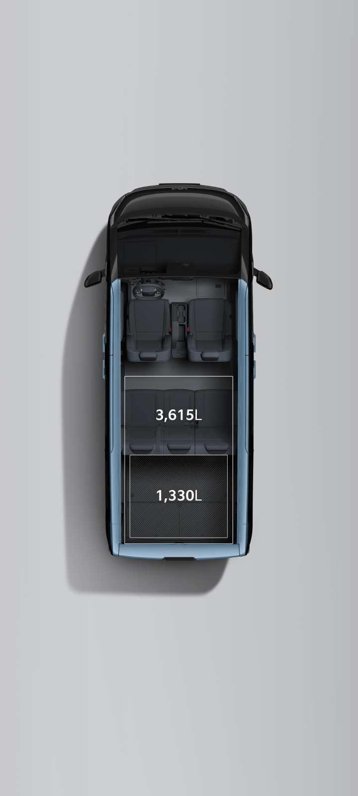 Top view of the Kia PV5 Passenger 5-seater with 1,330 L of cargo space, expanding to 3,615 L with the second row folded.