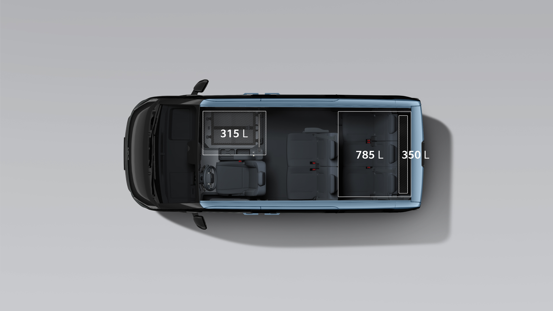 Kia PV5 Passenger 6-seater with 350 L rear storage, 785 L with the third row folded, and 315 L up front.