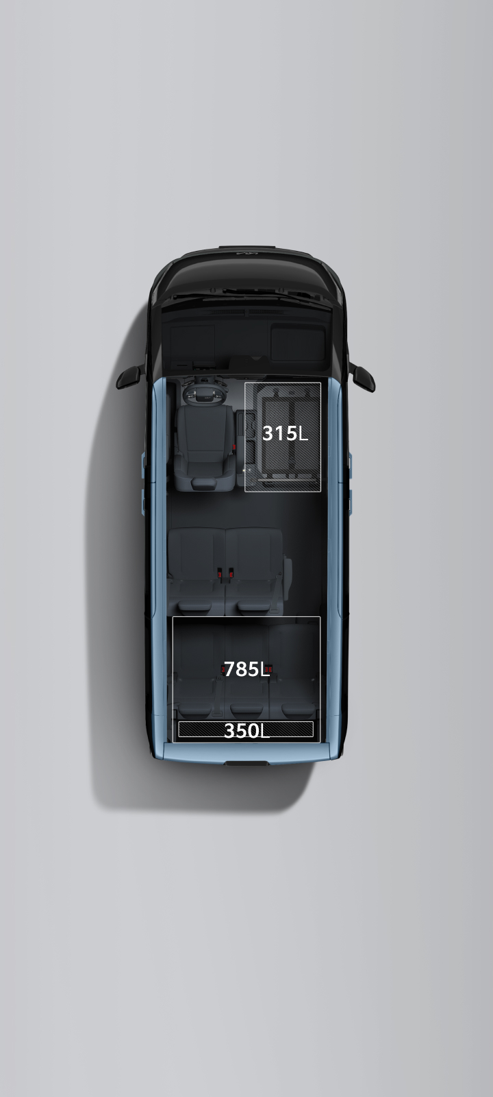 Kia PV5 Passenger 6-seater with 350 L rear storage, 785 L with the third row folded, and 315 L up front.