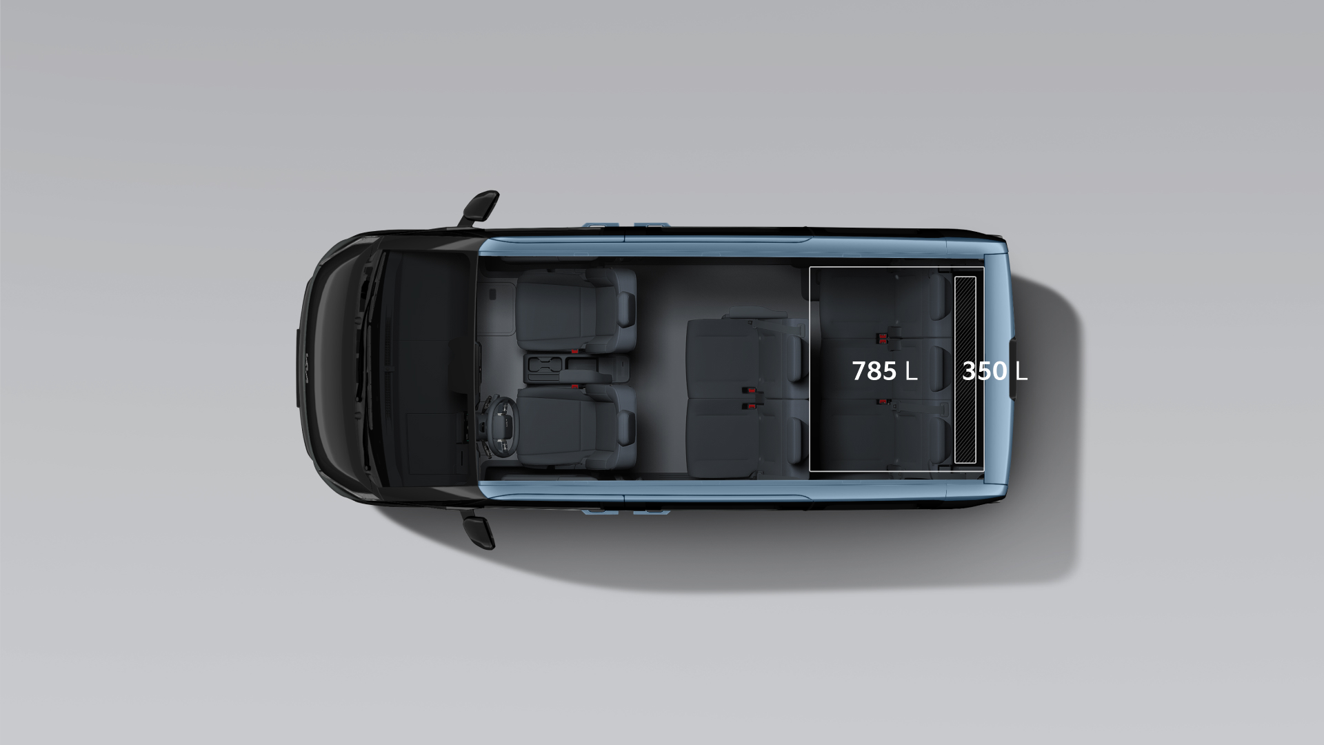 Kia PV5 Passenger 7-seater with 350 L rear storage, expanding to 785 L with the third row folded.