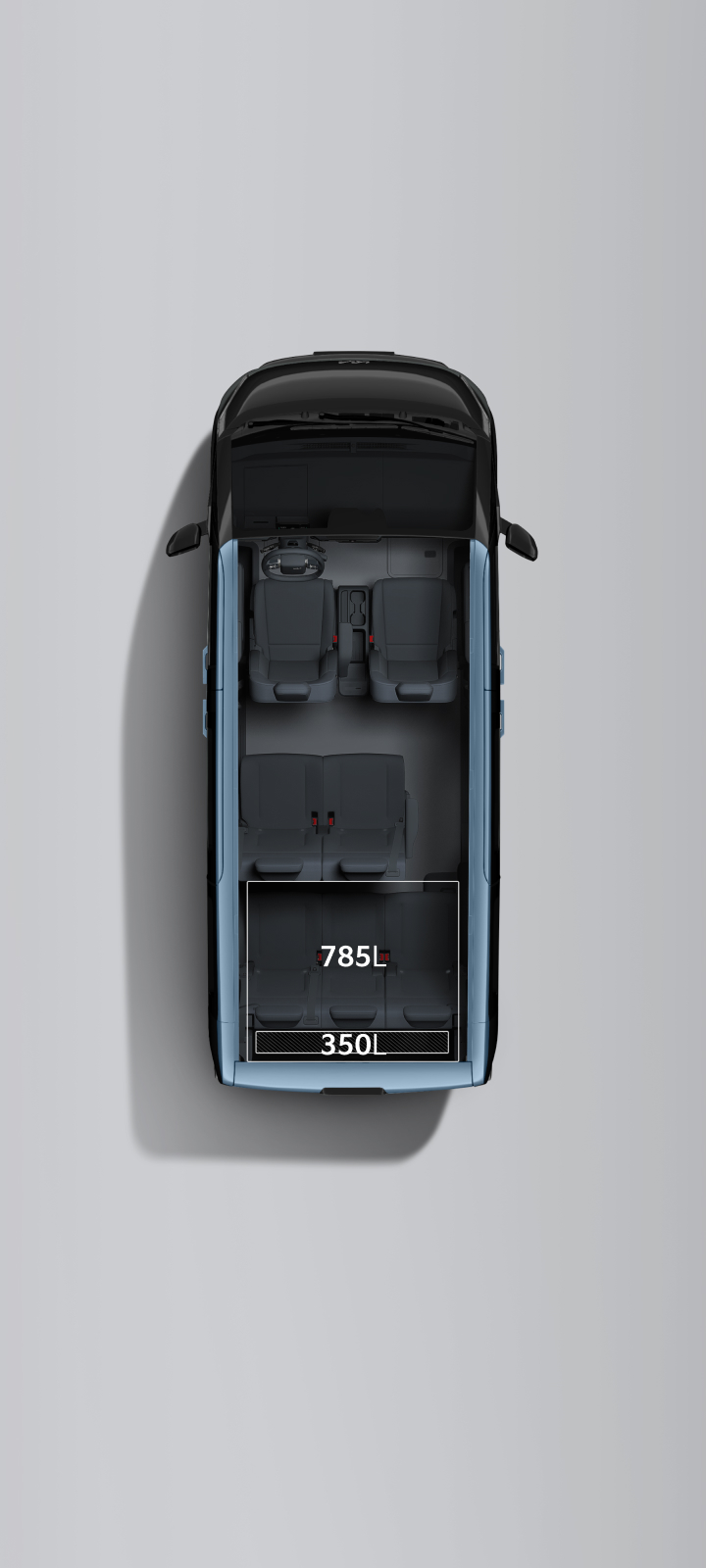 Kia PV5 Passenger 7-seater with 350 L rear storage, expanding to 785 L with the third row folded.