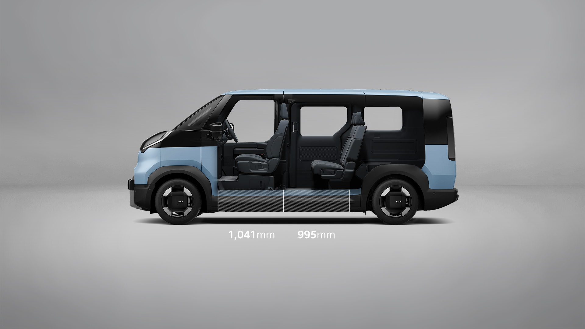 Kia PV5 Passenger 5-seater with 1,041 mm front-row and 995 mm second-row legroom.