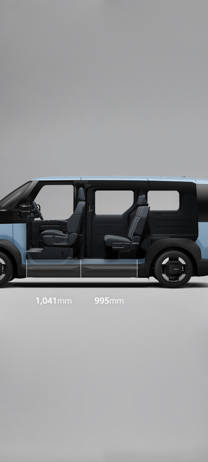 Kia PV5 Passenger 5-seater with 1,041 mm front-row and 995 mm second-row legroom.