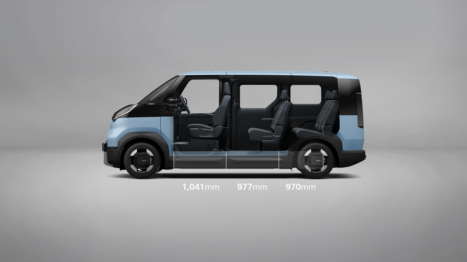 Kia PV5 Passenger 6- and 7-seater with 1,041 mm front, 977 mm second-row, and 970 mm third-row legroom.