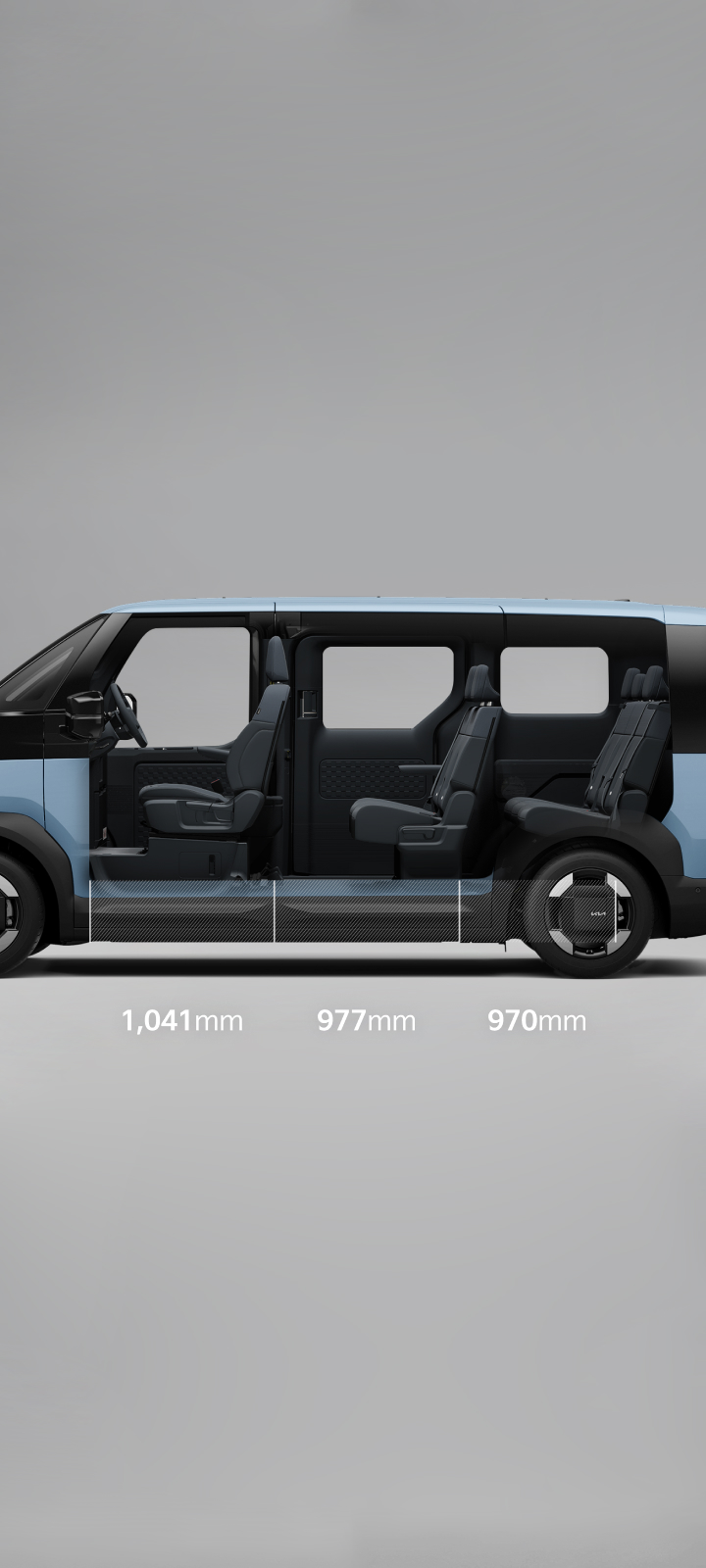 Kia PV5 Passenger 6- and 7-seater with 1,041 mm front, 977 mm second-row, and 970 mm third-row legroom.