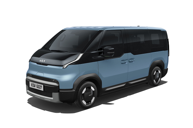 Full front-side view of the blue Kia PV5 Passenger