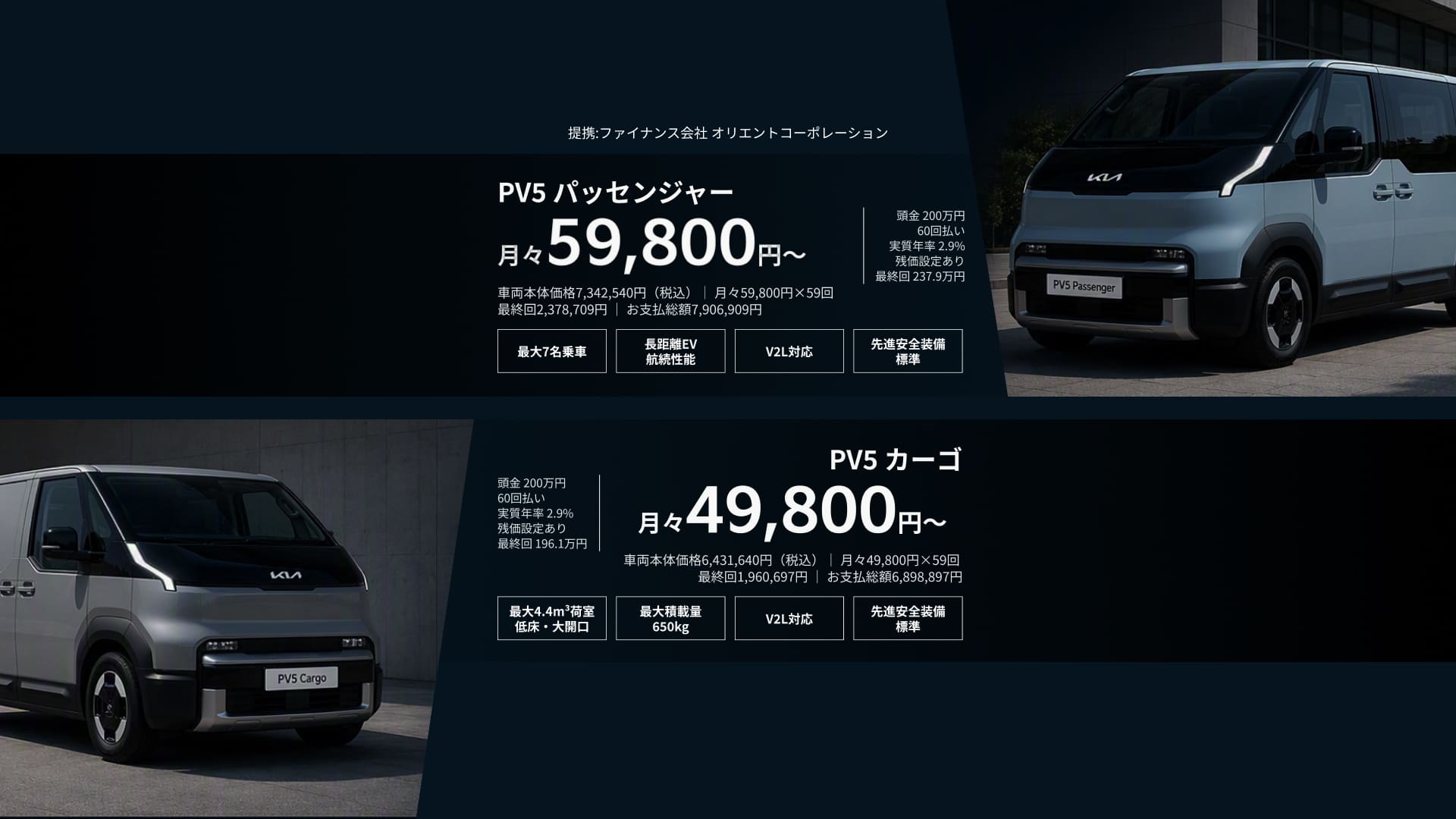 PV5 パッセンジャー 月々59,800円〜。PV5 カーゴ 月々49,800円〜。