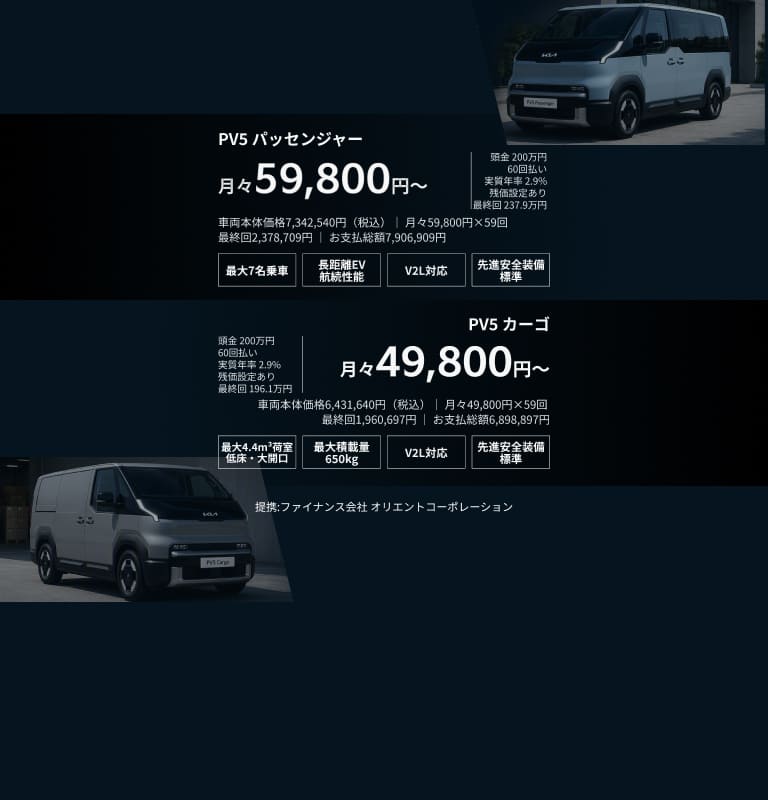 PV5 パッセンジャー 月々59,800円〜  。PV5 カーゴ 月々49,800円〜。
